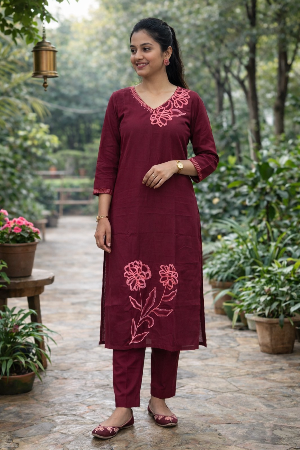 Maroon Roman Silk Co-ord Set with Embroidery & Lotus Neck