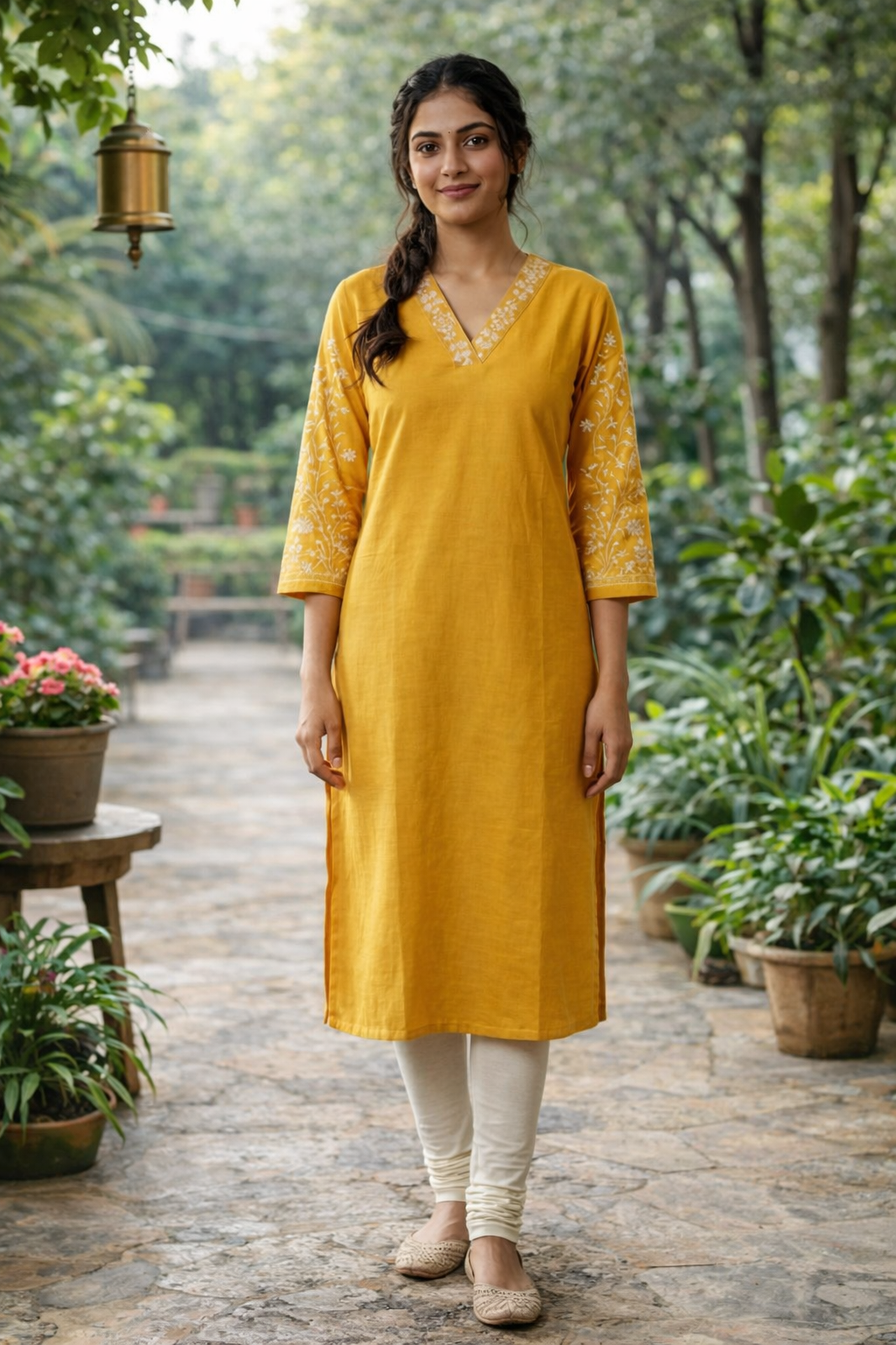 Yellow Silk Cotton Kurthi with Embroidery & V-Neck