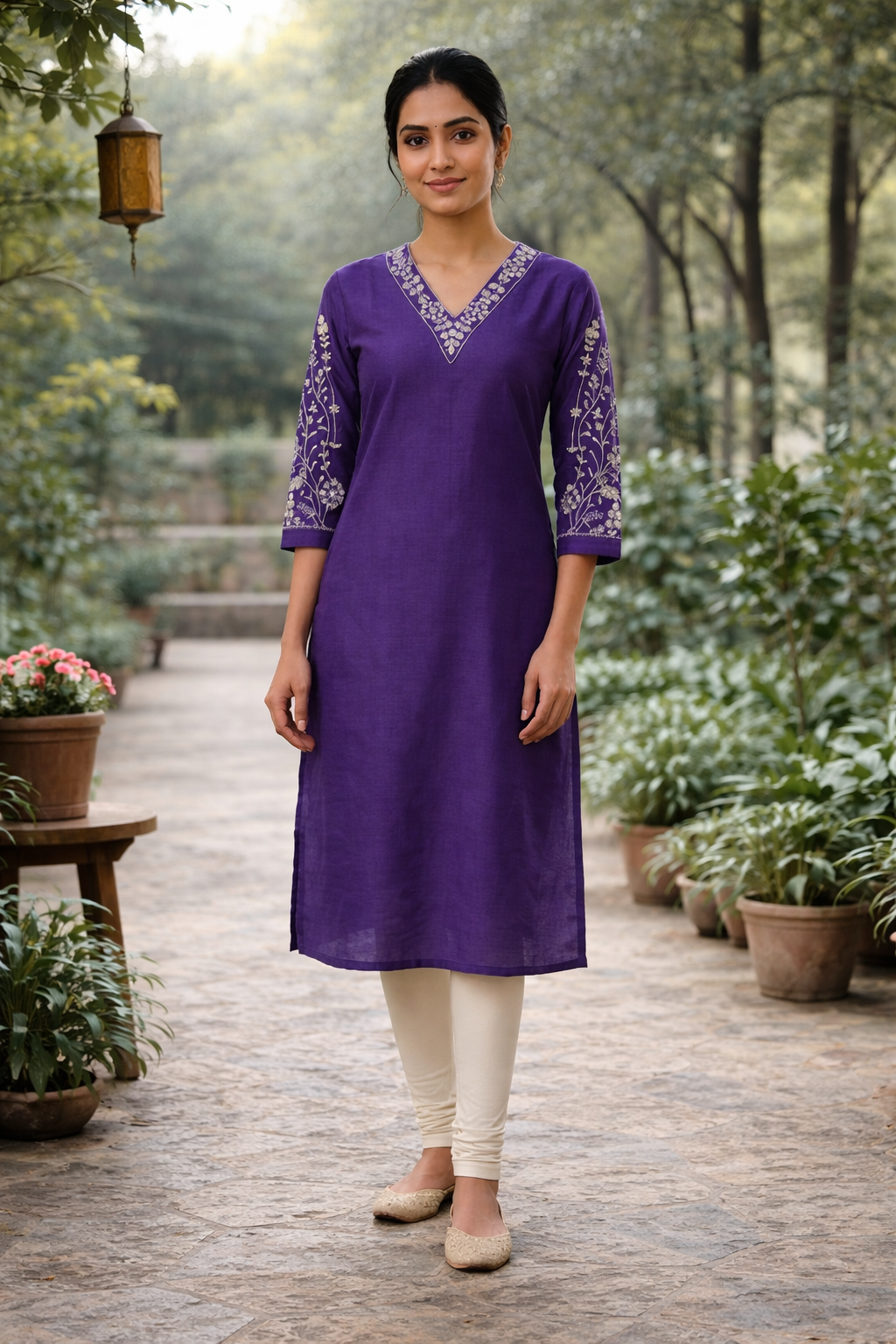 Purple Silk Cotton Kurthi with Embroidery & V-Neck