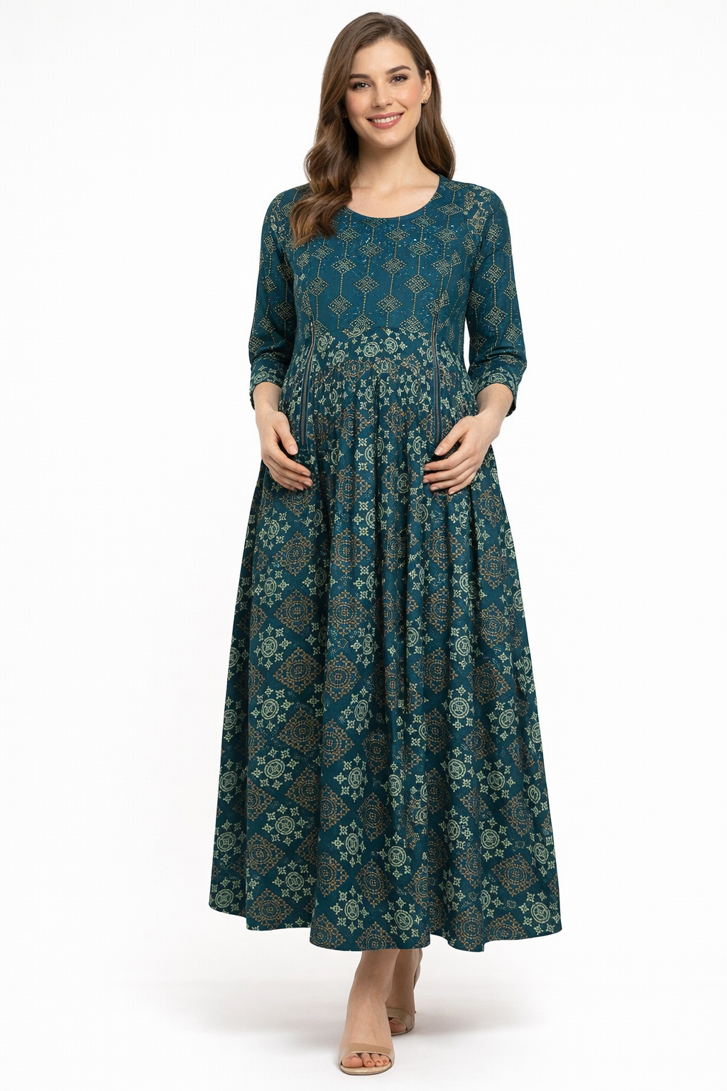 Peacock Blue Maternity Umbrella Kurti with Double Side Invisible Zip