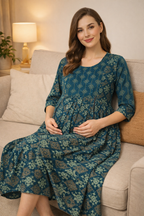 Peacock Blue Maternity Umbrella Kurti with Double Side Invisible Zip