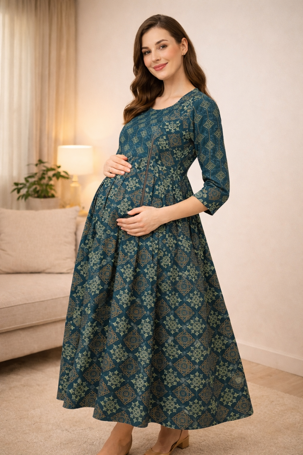 Peacock Blue Maternity Umbrella Kurti with Double Side Invisible Zip