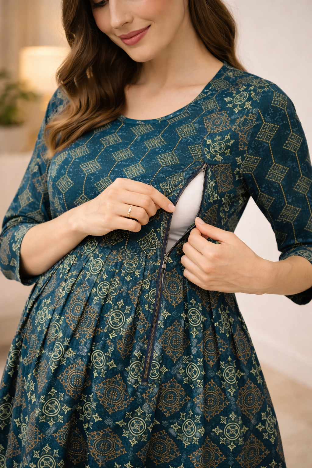 Peacock Blue Maternity Umbrella Kurti with Double Side Invisible Zip