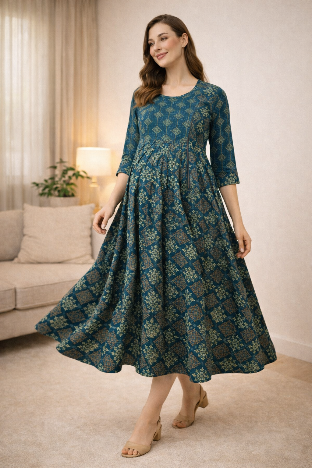 Peacock Blue Maternity Umbrella Kurti with Double Side Invisible Zip