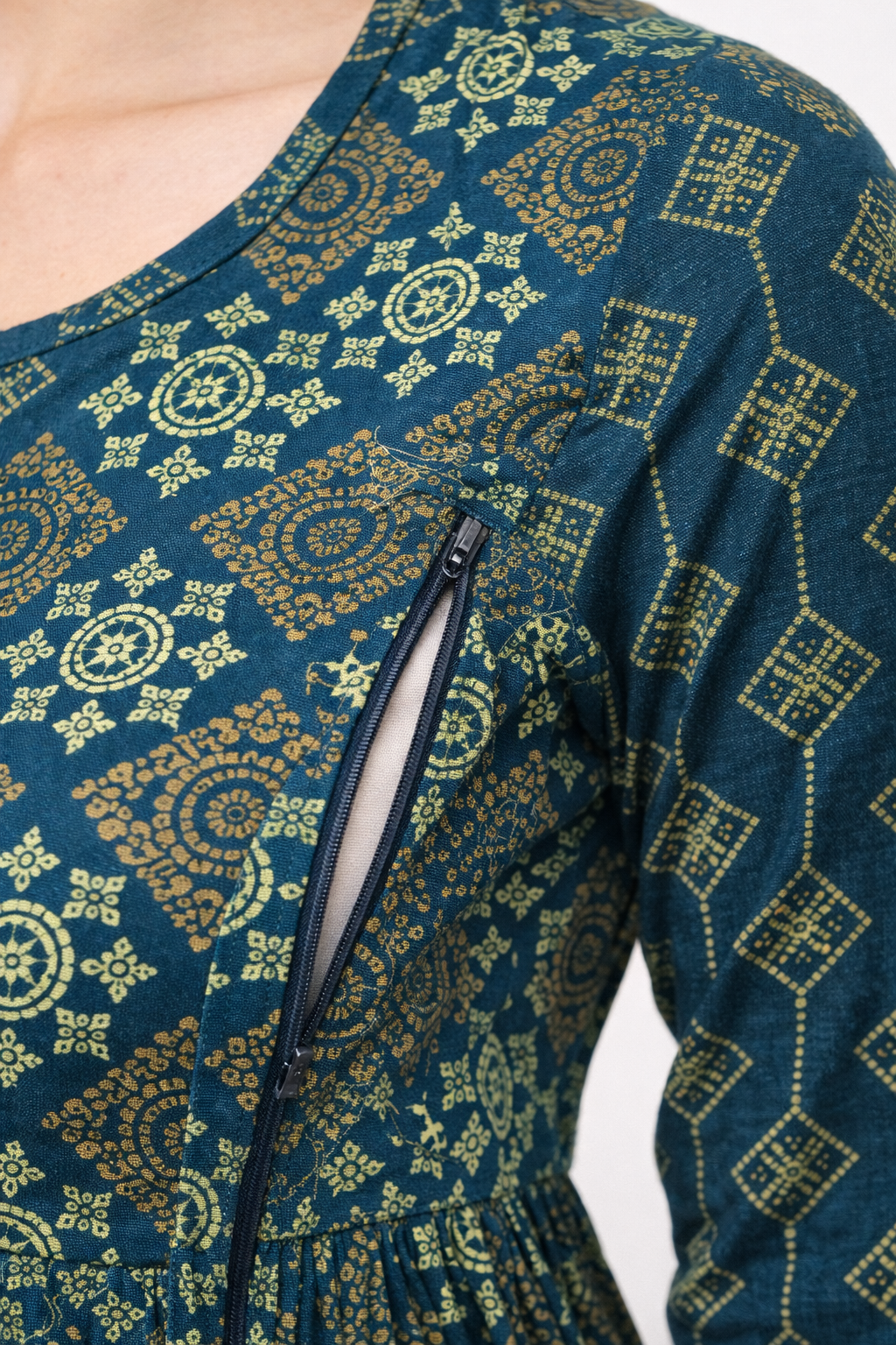 Peacock Blue Maternity Umbrella Kurti with Double Side Invisible Zip