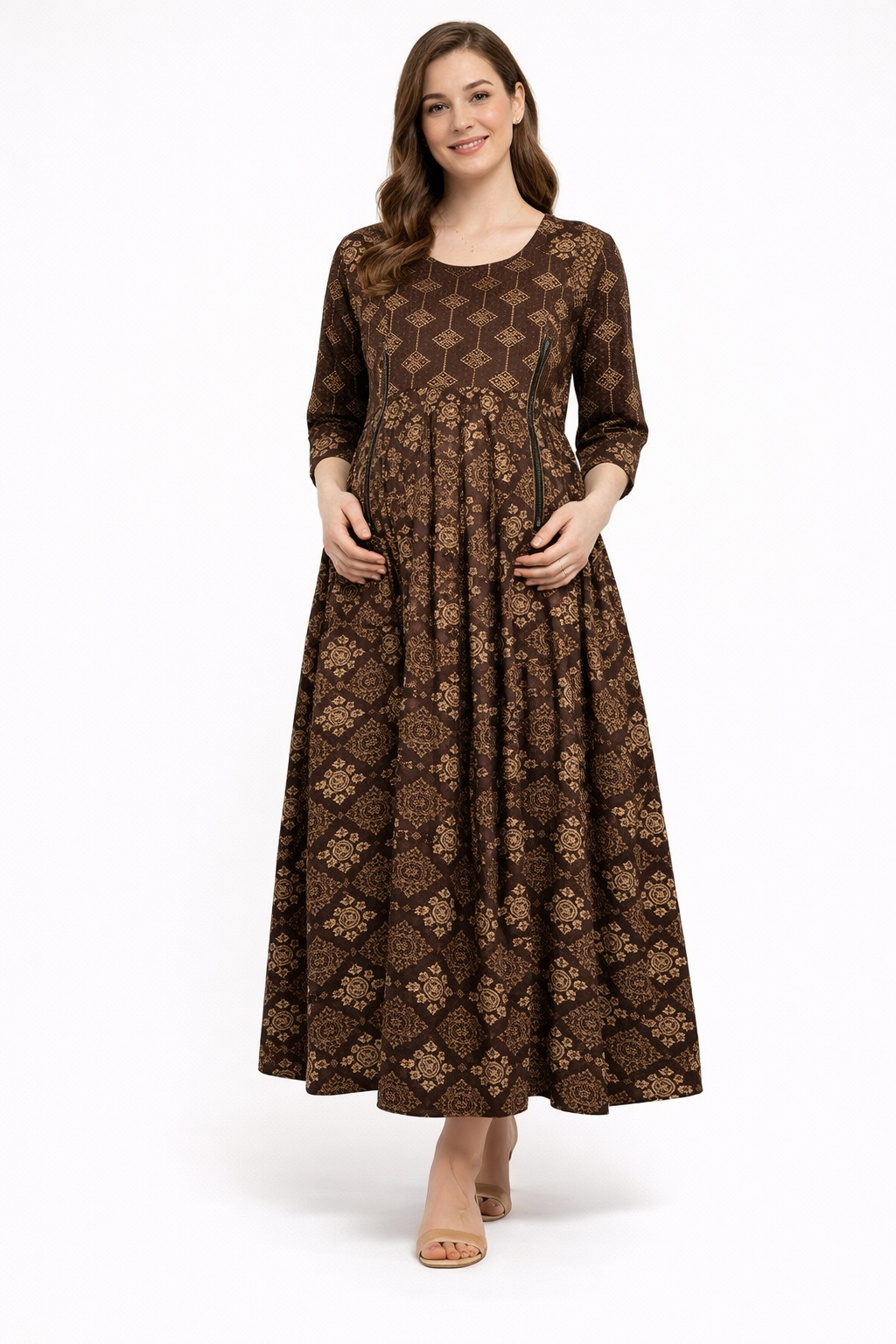 Wooden Brown Maternity Umbrella Kurti with Double Side Invisible Zip