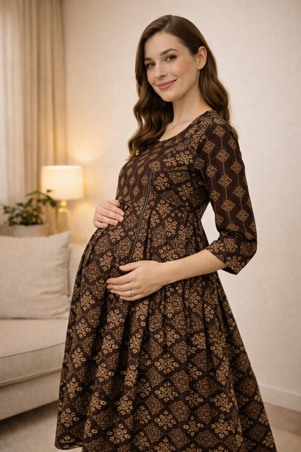 Wooden Brown Maternity Umbrella Kurti with Double Side Invisible Zip