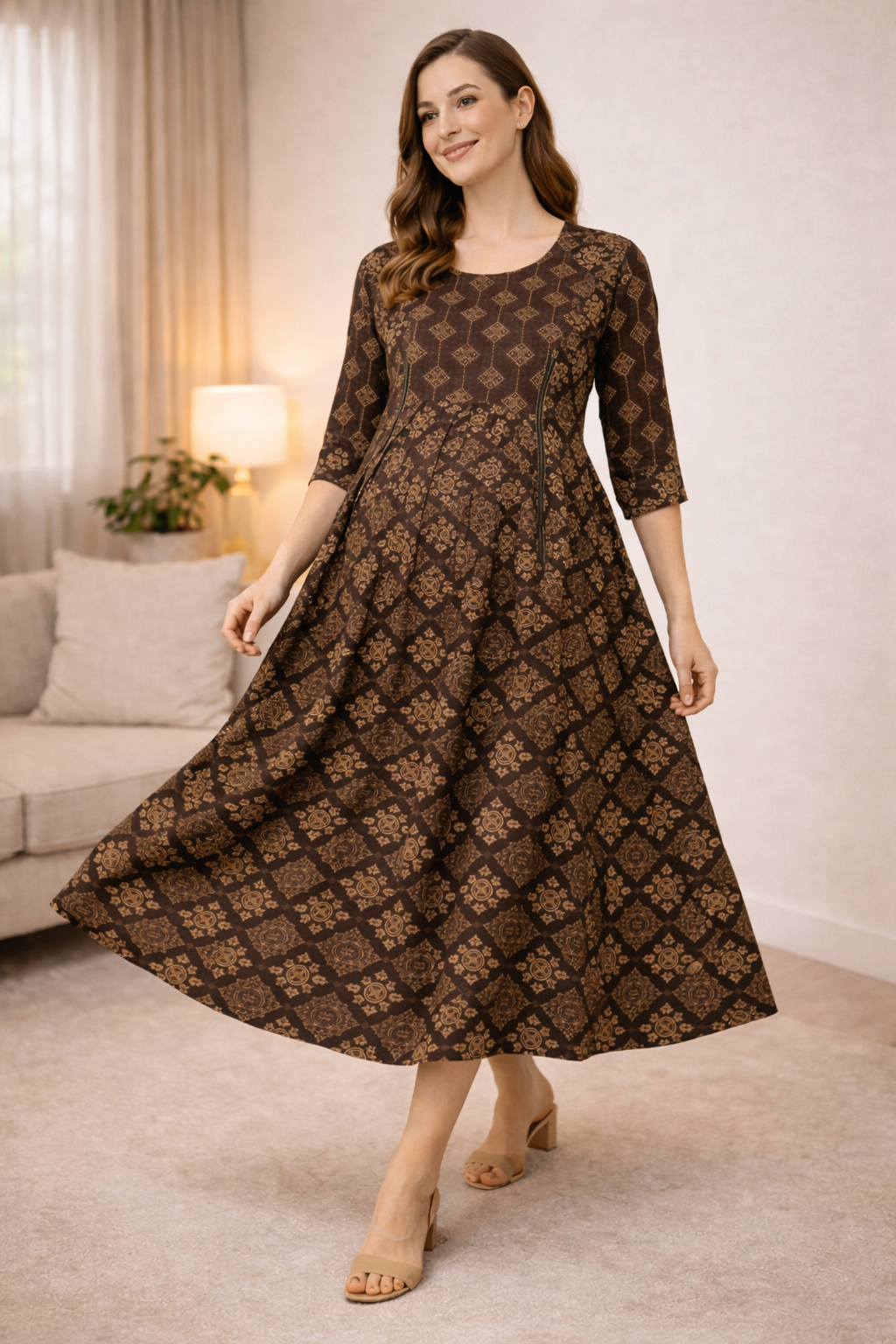 Wooden Brown Maternity Umbrella Kurti with Double Side Invisible Zip