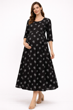 Black Maternity Umbrella Kurti with Double Side Invisible Zip – Cotton Blend Feeding Wear