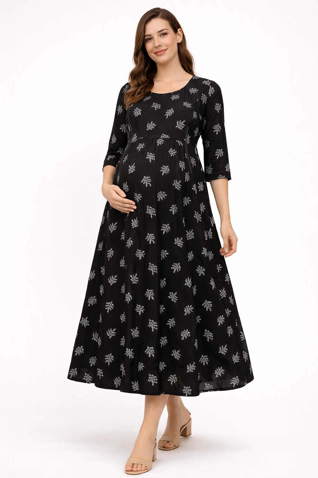 Black Maternity Umbrella Kurti with Double Side Invisible Zip – Cotton Blend Feeding Wear