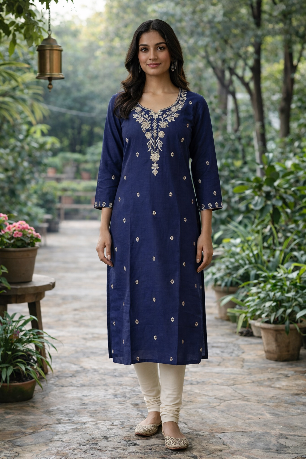 Navy Blue Silk Cotton Kurthi with Embroidery & Lotus Neck