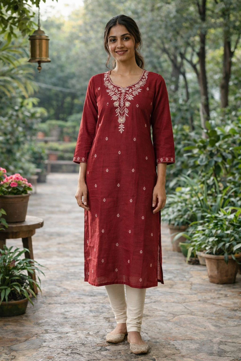 Maroon Silk Cotton Kurthi with Embroidery & Lotus Neck