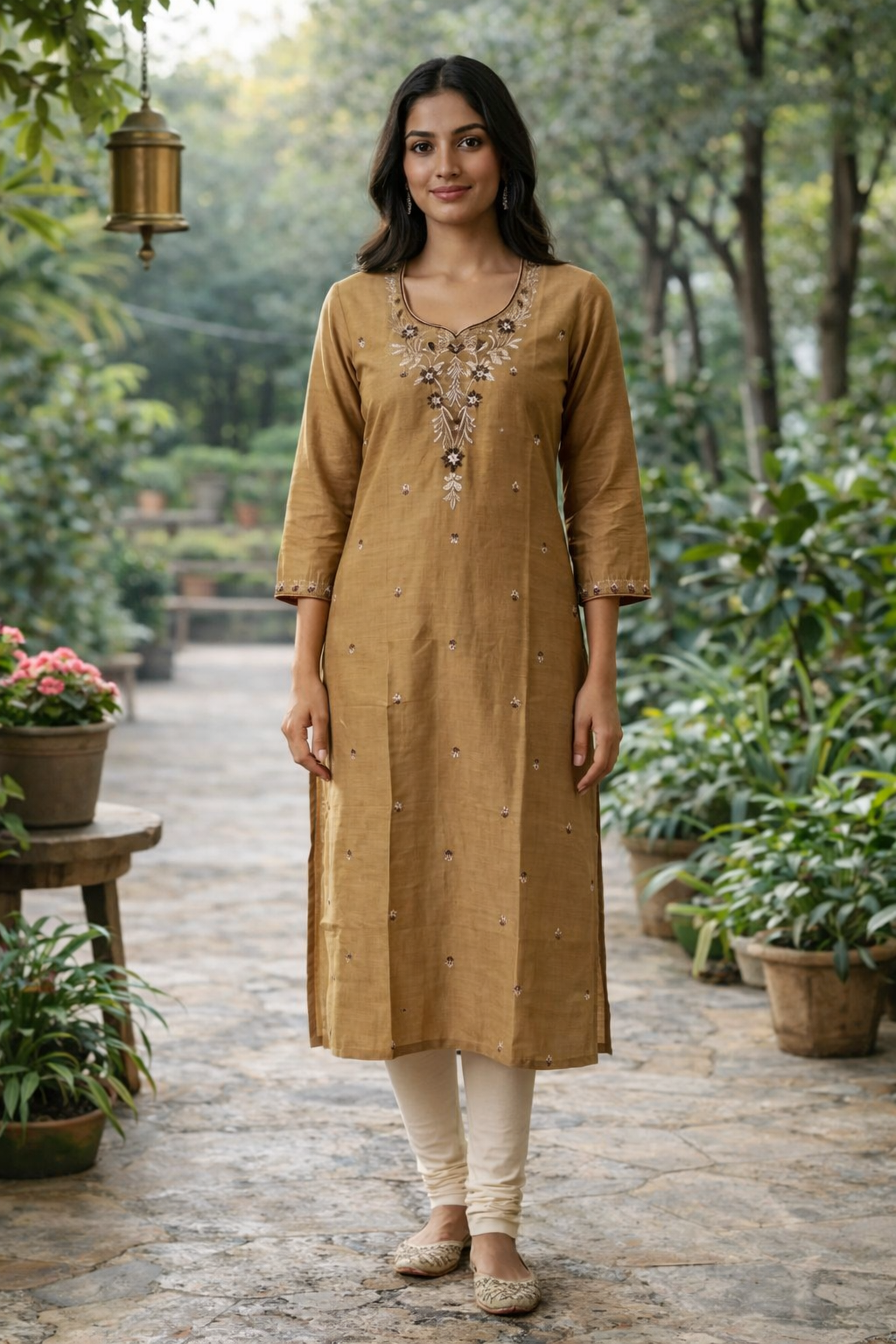 Sandal Silk Cotton Kurthi with Embroidery & Lotus Neck