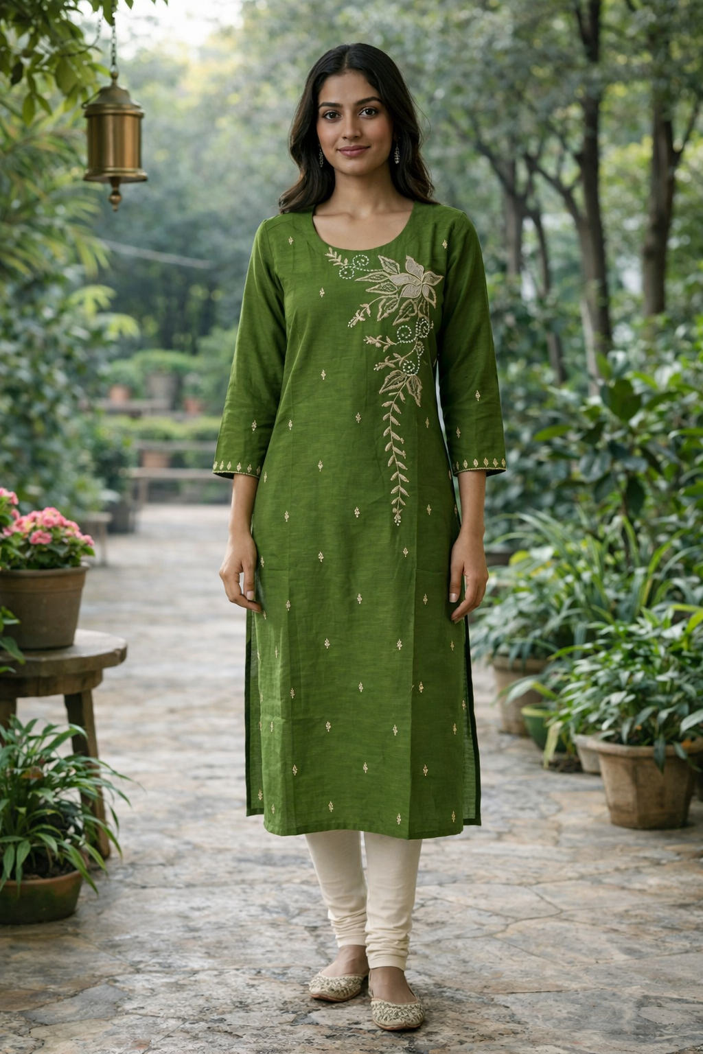 Olive Green Silk Cotton Kurthi with Embroidery & Designer Neck