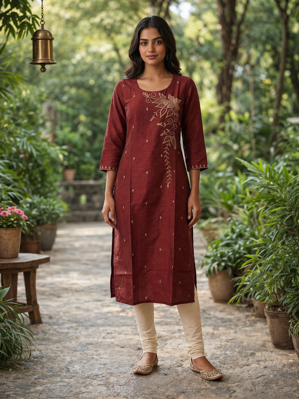 Rust Maroon Silk Cotton Kurthi with Embroidery & Designer Neck