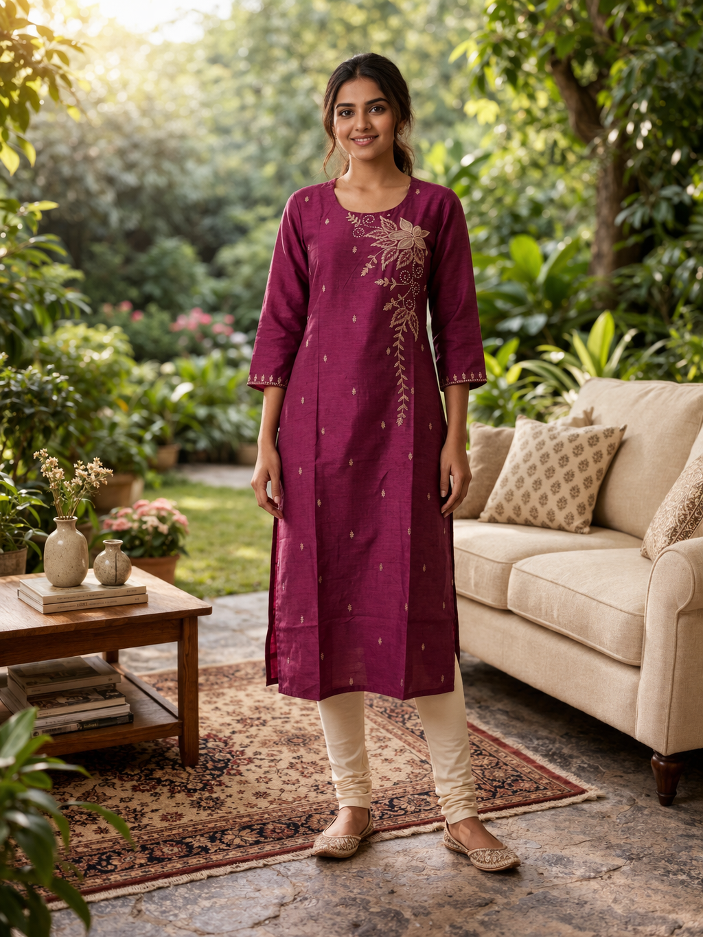 Wine Silk Cotton Kurthi with Embroidery & Designer Neck