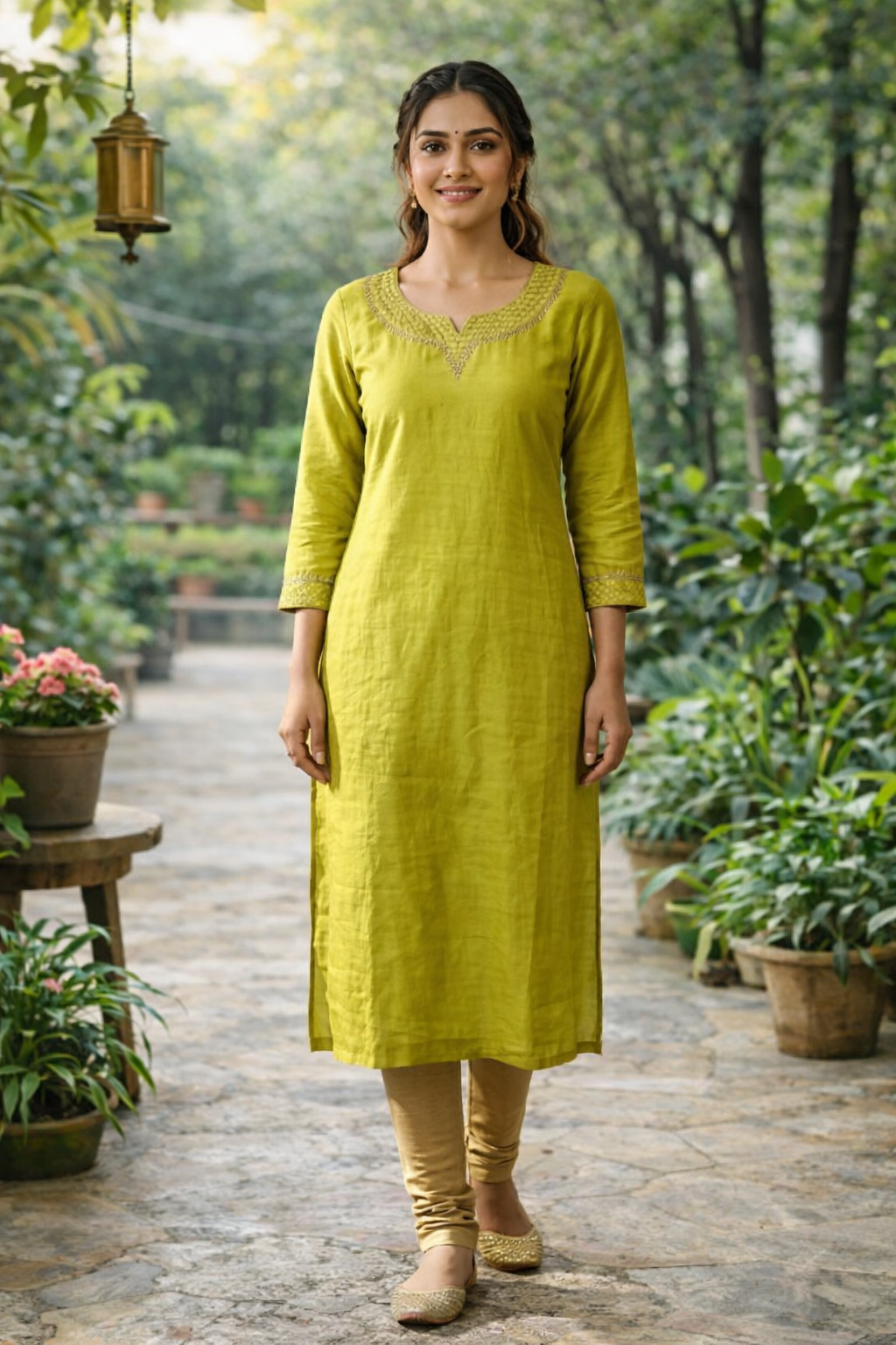 Lemon Yellow Crush Soft Silk Kurthi with Embroidery & Round Neck