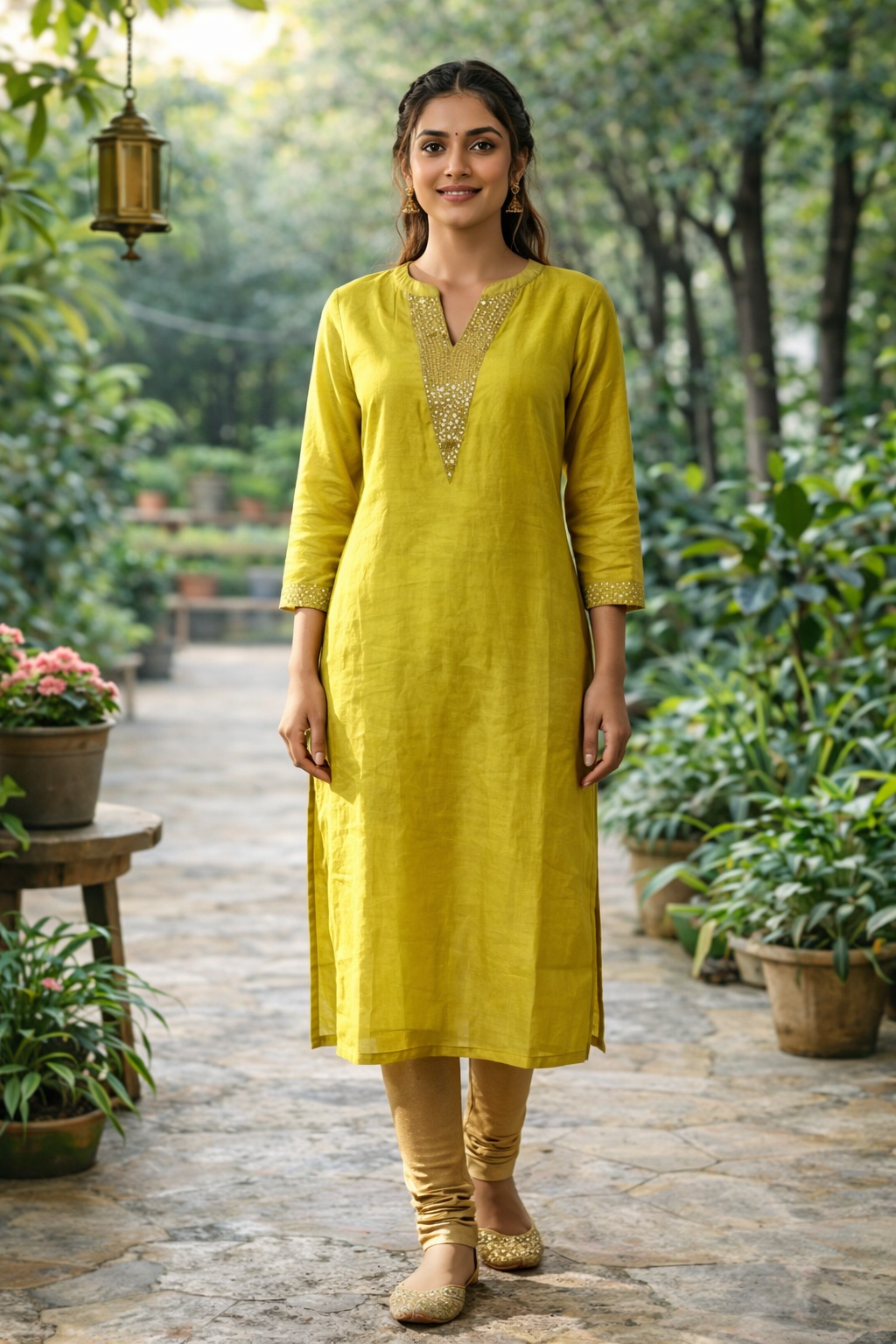 Yellow-Green Crush Soft Silk Kurthi with Embroidery & V-Neck