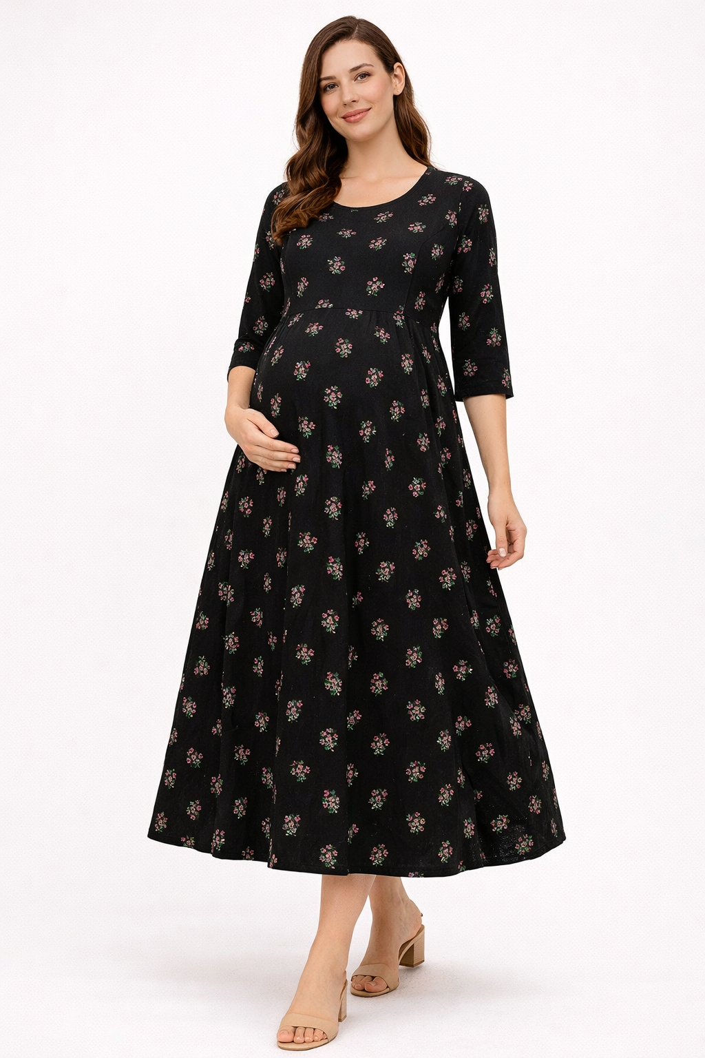 Black Floral Maternity Umbrella Kurti with Double Side Invisible Zip – Cotton Blend Feeding Wear