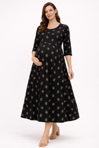 Black Floral Maternity Umbrella Kurti with Double Side Invisible Zip – Cotton Blend Feeding Wear