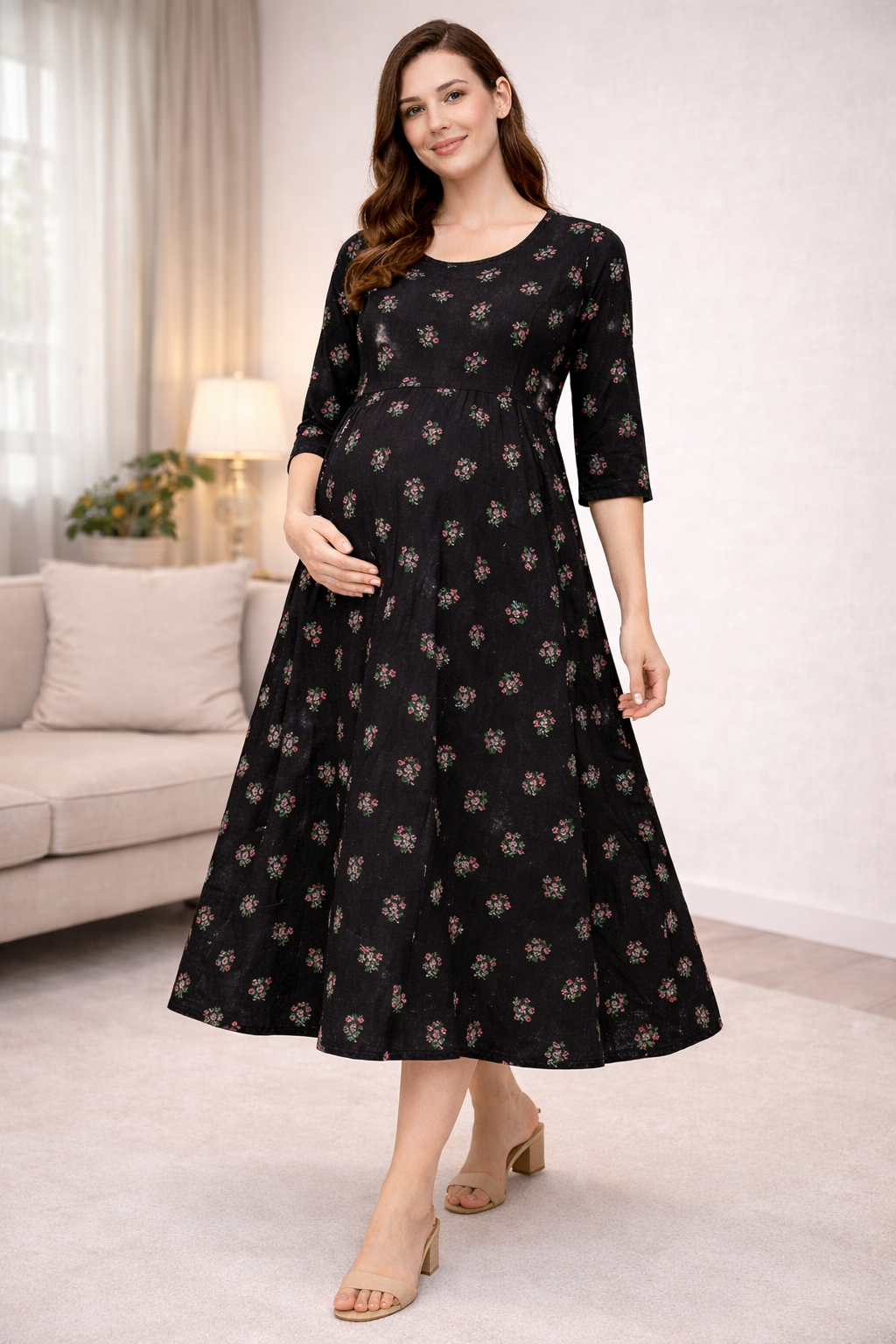Black Floral Maternity Umbrella Kurti with Double Side Invisible Zip – Cotton Blend Feeding Wear