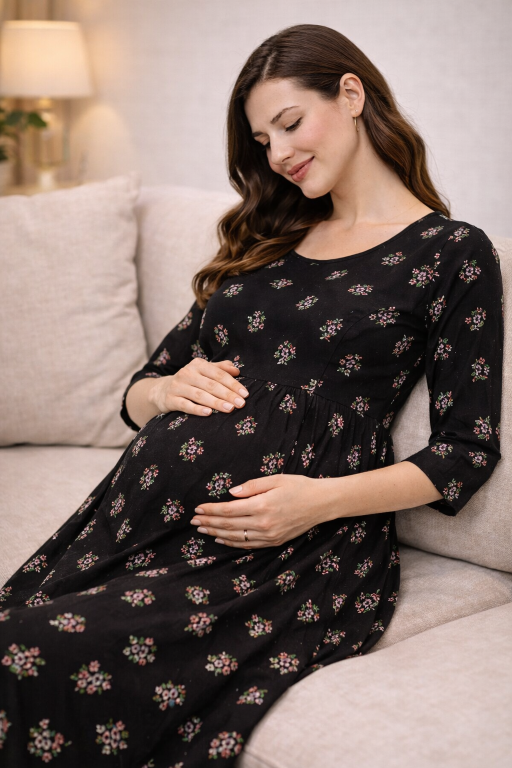 Black Floral Maternity Umbrella Kurti with Double Side Invisible Zip – Cotton Blend Feeding Wear