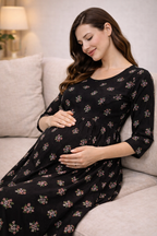 Black Floral Maternity Umbrella Kurti with Double Side Invisible Zip – Cotton Blend Feeding Wear