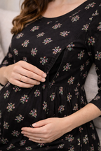 Black Floral Maternity Umbrella Kurti with Double Side Invisible Zip – Cotton Blend Feeding Wear