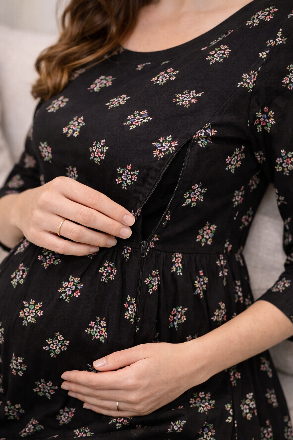 Black Floral Maternity Umbrella Kurti with Double Side Invisible Zip – Cotton Blend Feeding Wear