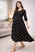 Black Floral Maternity Umbrella Kurti with Double Side Invisible Zip – Cotton Blend Feeding Wear