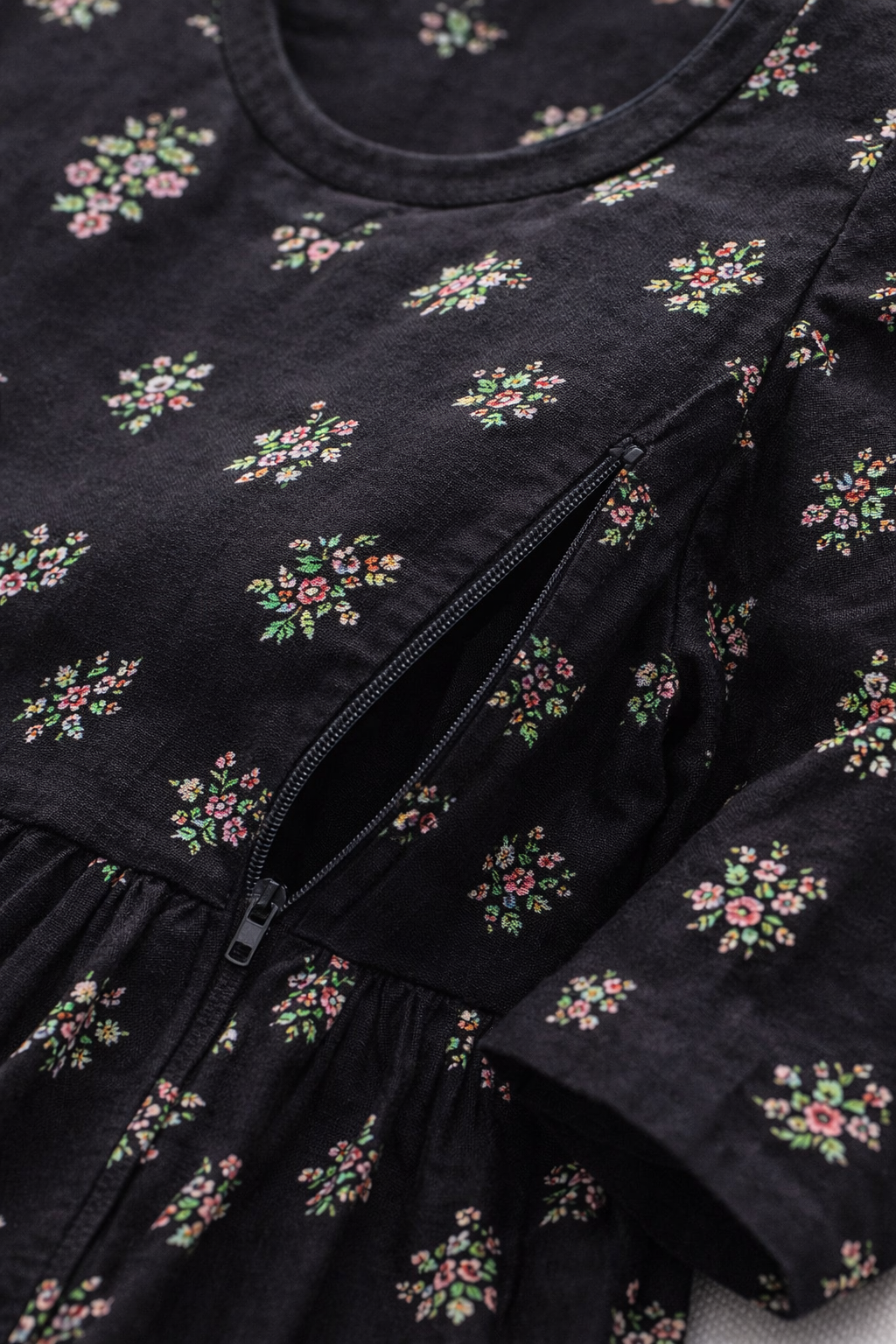 Black Floral Maternity Umbrella Kurti with Double Side Invisible Zip – Cotton Blend Feeding Wear
