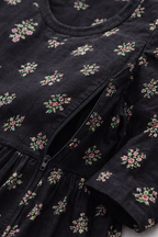Black Floral Maternity Umbrella Kurti with Double Side Invisible Zip – Cotton Blend Feeding Wear