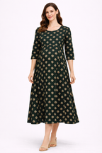 Dark Green Printed Maternity Umbrella Kurti with Double Side Invisible Zip – Cotton Blend Feeding Wear