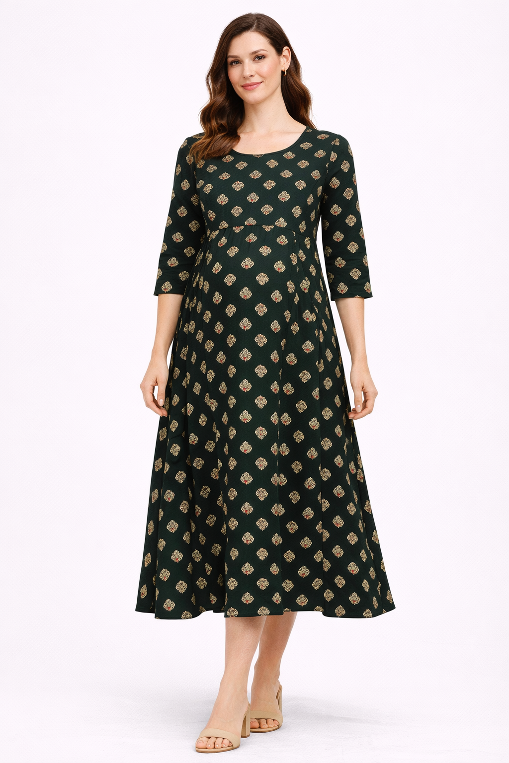 Dark Green Printed Maternity Umbrella Kurti with Double Side Invisible Zip – Cotton Blend Feeding Wear