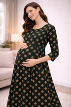 Dark Green Printed Maternity Umbrella Kurti with Double Side Invisible Zip – Cotton Blend Feeding Wear