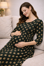 Dark Green Printed Maternity Umbrella Kurti with Double Side Invisible Zip – Cotton Blend Feeding Wear