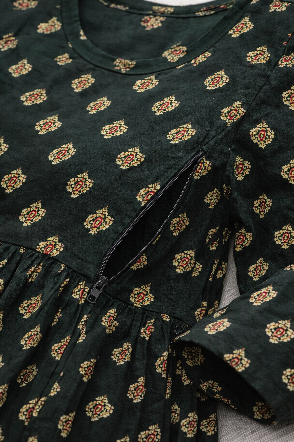 Dark Green Printed Maternity Umbrella Kurti with Double Side Invisible Zip – Cotton Blend Feeding Wear