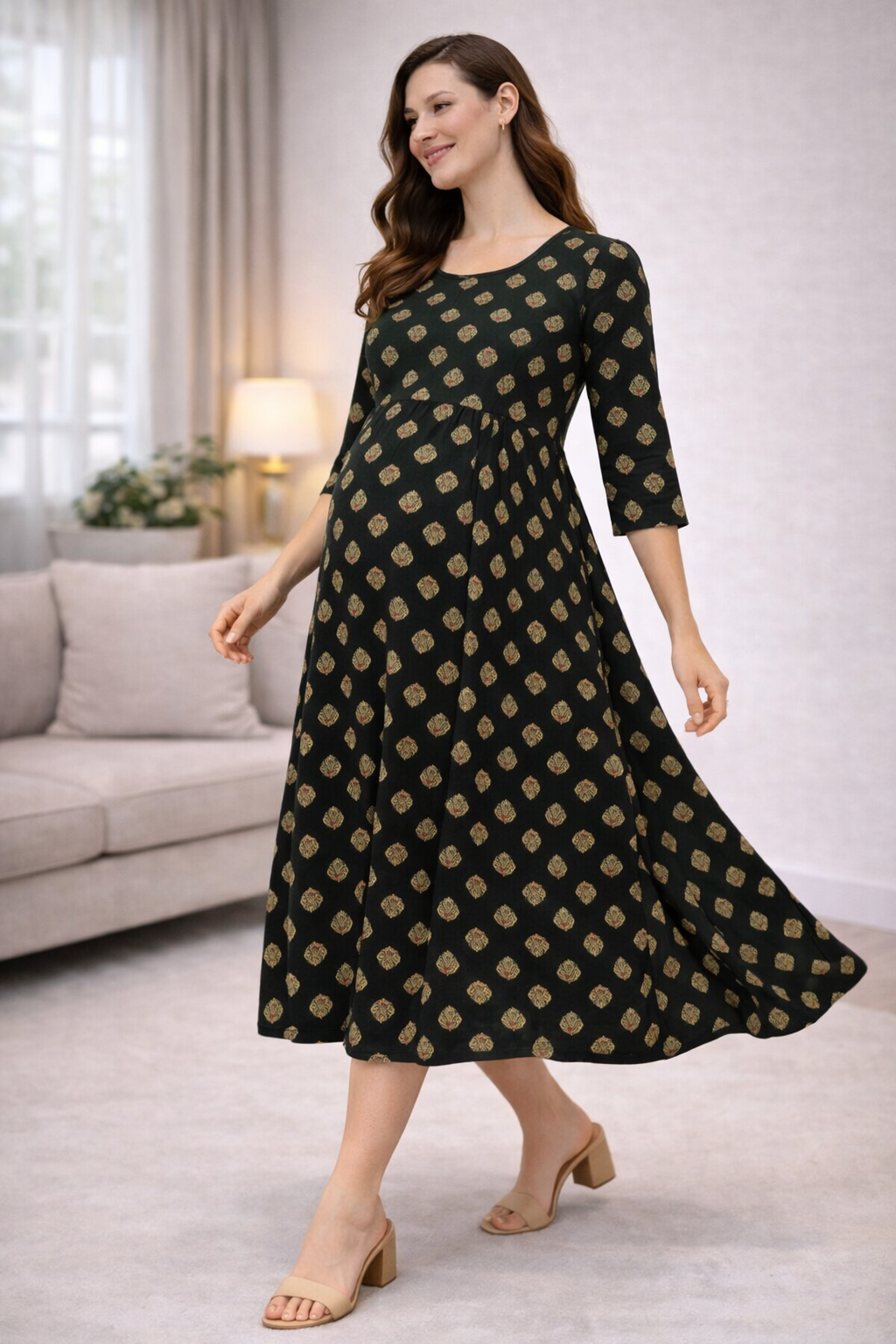 Dark Green Printed Maternity Umbrella Kurti with Double Side Invisible Zip – Cotton Blend Feeding Wear