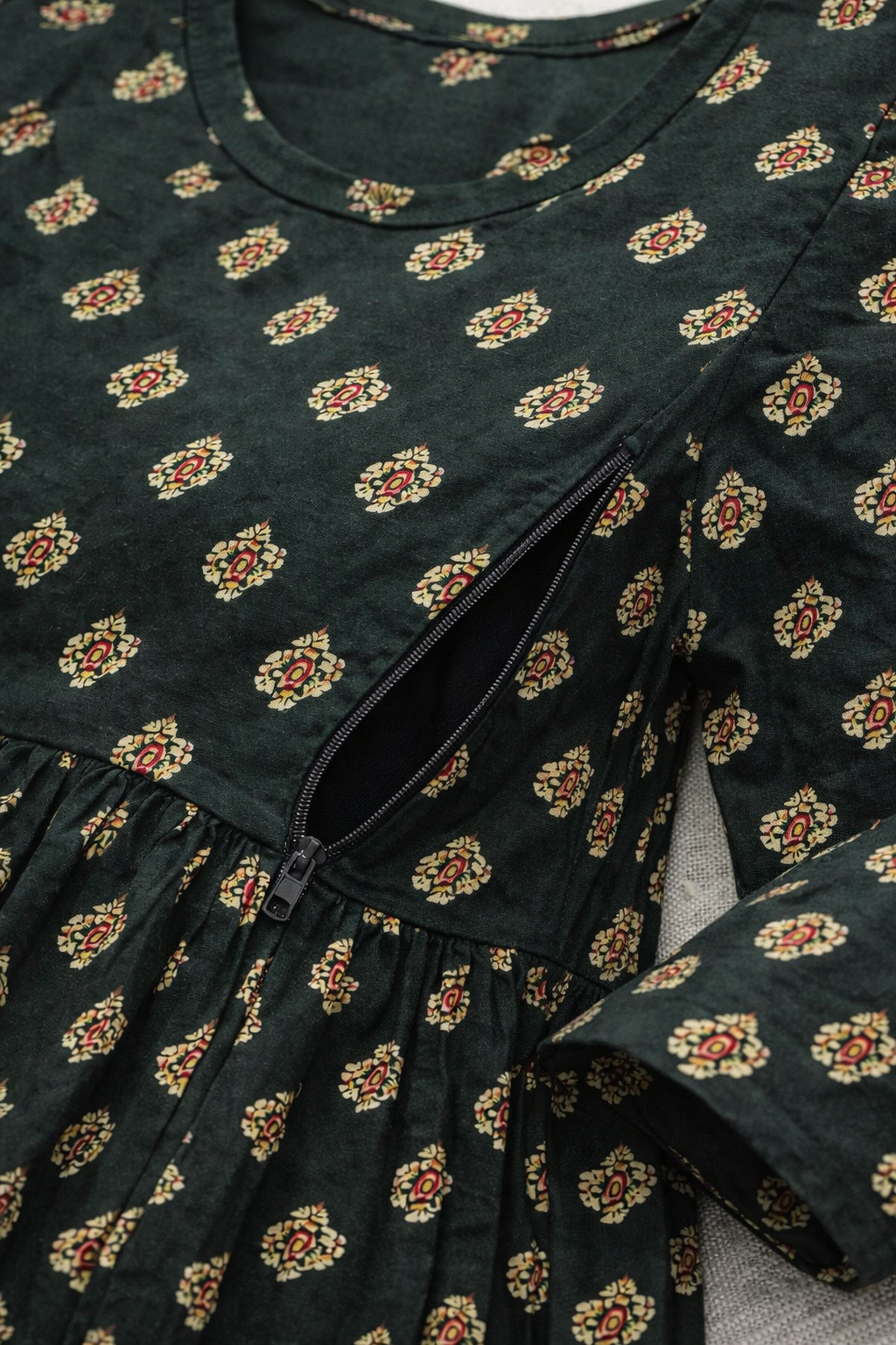 Dark Green Printed Maternity Umbrella Kurti with Double Side Invisible Zip – Cotton Blend Feeding Wear