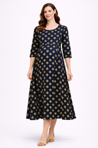 Navy Blue Printed Maternity Umbrella Kurti with Double Side Invisible Zip – Cotton Blend Feeding Wear