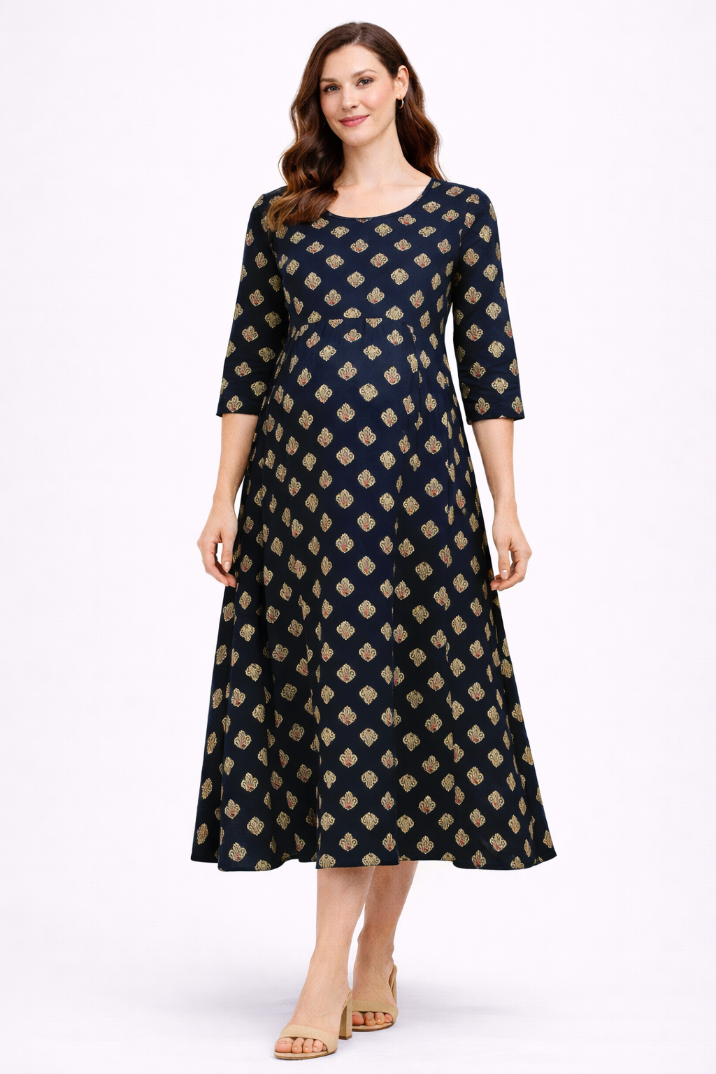 Navy Blue Printed Maternity Umbrella Kurti with Double Side Invisible Zip – Cotton Blend Feeding Wear