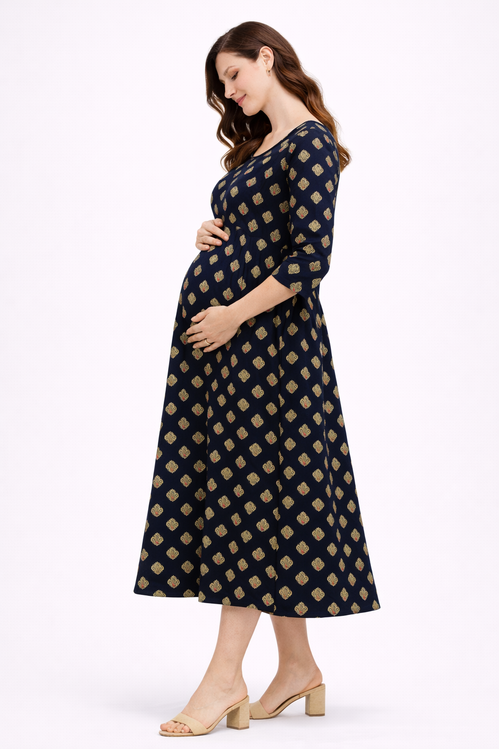 Navy Blue Printed Maternity Umbrella Kurti with Double Side Invisible Zip – Cotton Blend Feeding Wear