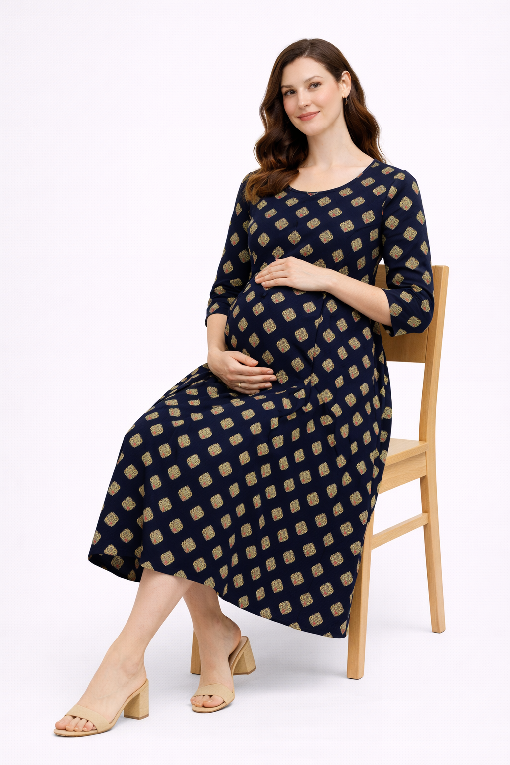 Navy Blue Printed Maternity Umbrella Kurti with Double Side Invisible Zip – Cotton Blend Feeding Wear