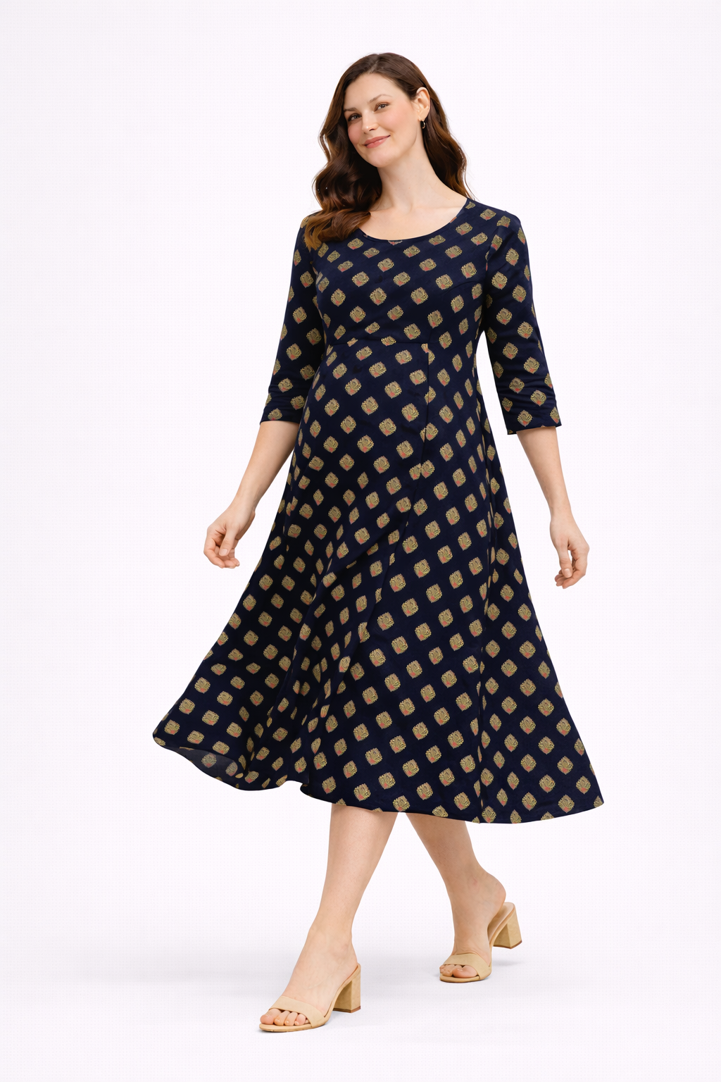 Navy Blue Printed Maternity Umbrella Kurti with Double Side Invisible Zip – Cotton Blend Feeding Wear