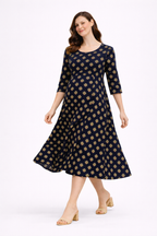 Navy Blue Printed Maternity Umbrella Kurti with Double Side Invisible Zip – Cotton Blend Feeding Wear