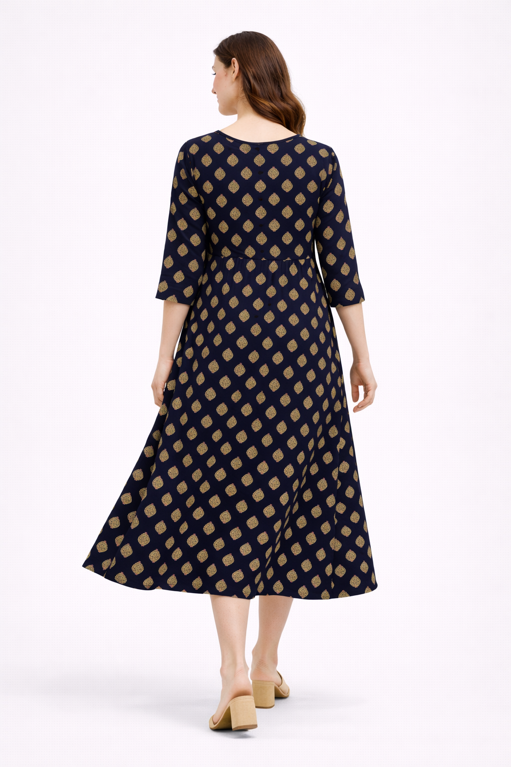 Navy Blue Printed Maternity Umbrella Kurti with Double Side Invisible Zip – Cotton Blend Feeding Wear