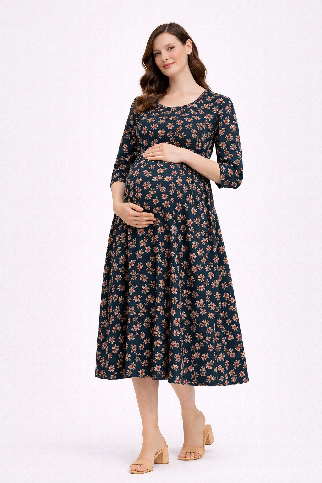 Dark Teal Floral Maternity Umbrella Kurti with Double Side Invisible Zip – Cotton Blend Feeding Wear