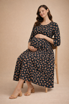 Dark Teal Floral Maternity Umbrella Kurti with Double Side Invisible Zip – Cotton Blend Feeding Wear