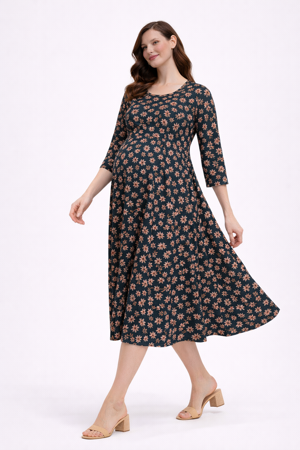 Dark Teal Floral Maternity Umbrella Kurti with Double Side Invisible Zip – Cotton Blend Feeding Wear