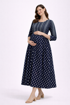 Navy Blue Ethnic Printed Maternity Umbrella Kurti with Double Side Invisible Zip – Cotton Blend Feeding Wear